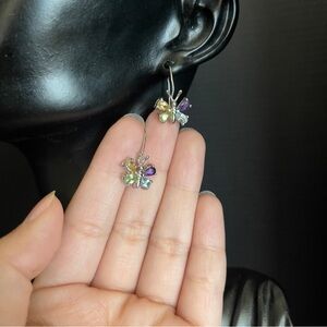 Sterling Silver Multi-gem Hook Dangle Butterfly 1 Inch Earrings